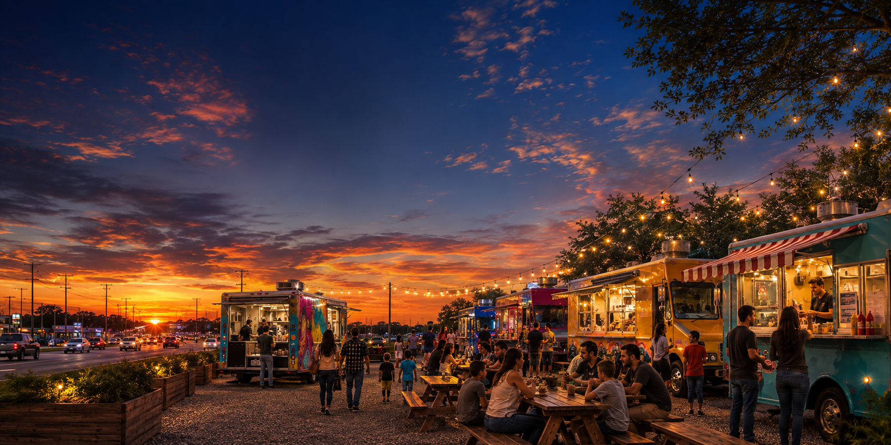 Concept illustration of food trucks, outdoor dining, and string lights at sunset; not the existing park